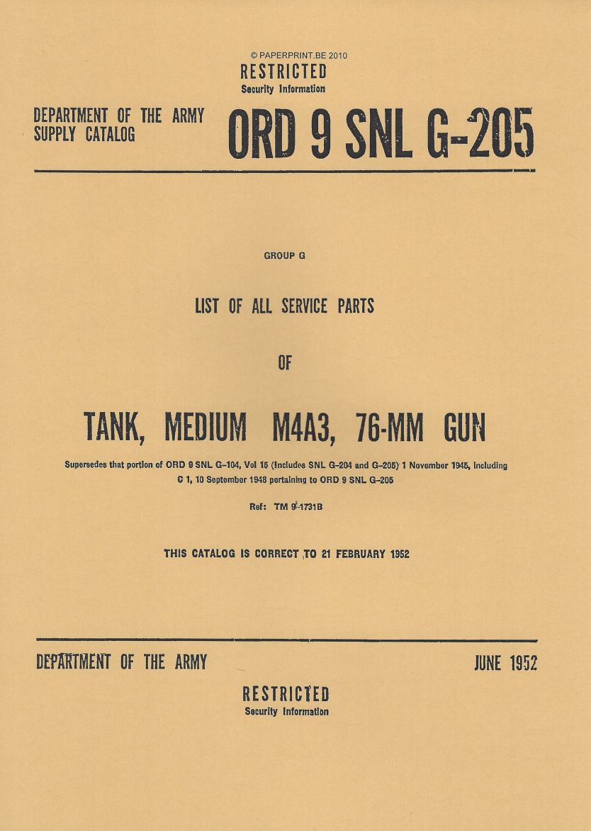 SNL G-205 US LIST OF ALL SERVICE PARTS OF TANK, MEDIUM M4A3, 76-MM GUN